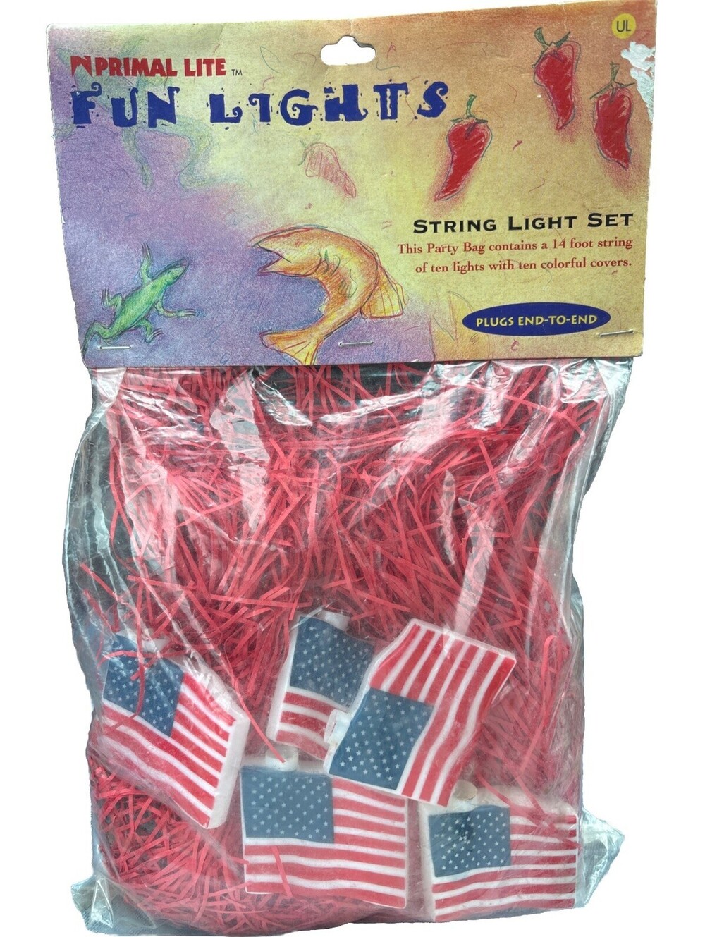Vintage 1996 Primal Lite Fun Lights USA Flags 14ft String Of 10 Blinking Lights